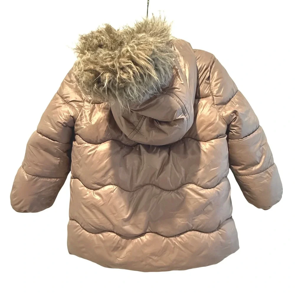 Old Navy Puffer Jacket Faux Fur Hood Gold Beige‎ Girls Size 2T Winter Coat